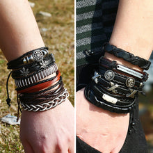 Load image into Gallery viewer, 6Pcs Retro Men Faux Leather Hip Pop Punk Skull Leaf Braid Bracelet Wrist Jewelry - provenclothes