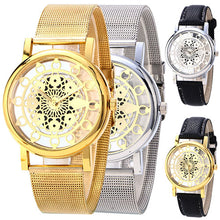 Load image into Gallery viewer, Fashion Women Faux Leather Alloy Mesh Band Flower Skeleton Quartz Wrist Watch - provenclothes