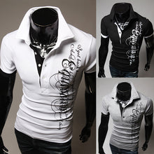 Load image into Gallery viewer, Men's Fashion Summer Letter Print Lapel Collar Short Sleeve T-Shirt Button Top - provenclothes