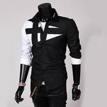 Load image into Gallery viewer, Men Fashion Sexy Slim Fit Color Splicing Shirt Turn-down Collar Long Sleeve Top - provenclothes