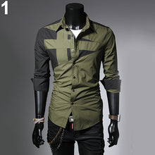 Load image into Gallery viewer, Men Fashion Sexy Slim Fit Color Splicing Shirt Turn-down Collar Long Sleeve Top - provenclothes