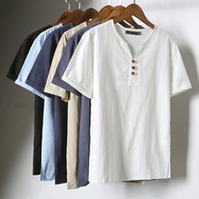 Load image into Gallery viewer, Summer Men Fashion Short Sleeve V-neck Breathable T-shirt Plus Size Linen Top - provenclothes