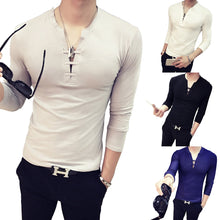 Load image into Gallery viewer, Men Solid Color Deep V Neck Tie Slim Fit Long Sleeve Fashion Cotton T-Shirt Top - provenclothes