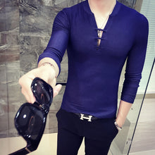 Load image into Gallery viewer, Men Solid Color Deep V Neck Tie Slim Fit Long Sleeve Fashion Cotton T-Shirt Top - provenclothes