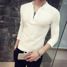Load image into Gallery viewer, Men Solid Color Deep V Neck Tie Slim Fit Long Sleeve Fashion Cotton T-Shirt Top - provenclothes