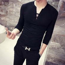 Load image into Gallery viewer, Men Solid Color Deep V Neck Tie Slim Fit Long Sleeve Fashion Cotton T-Shirt Top - provenclothes