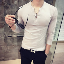 Load image into Gallery viewer, Men Solid Color Deep V Neck Tie Slim Fit Long Sleeve Fashion Cotton T-Shirt Top - provenclothes