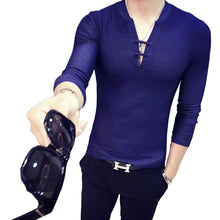 Load image into Gallery viewer, Men Solid Color Deep V Neck Tie Slim Fit Long Sleeve Fashion Cotton T-Shirt Top - provenclothes
