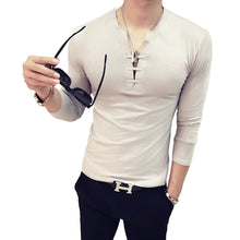 Load image into Gallery viewer, Men Solid Color Deep V Neck Tie Slim Fit Long Sleeve Fashion Cotton T-Shirt Top - provenclothes