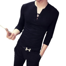 Load image into Gallery viewer, Men Solid Color Deep V Neck Tie Slim Fit Long Sleeve Fashion Cotton T-Shirt Top - provenclothes