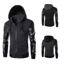 Load image into Gallery viewer, Men Fashion Korean Style Cool Hooded Pocket Zip Faux Leather Sleeve Jacket Coat - provenclothes