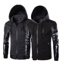 Load image into Gallery viewer, Men Fashion Korean Style Cool Hooded Pocket Zip Faux Leather Sleeve Jacket Coat - provenclothes