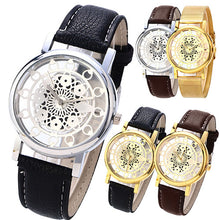 Load image into Gallery viewer, Fashion Women Faux Leather Alloy Mesh Band Flower Skeleton Quartz Wrist Watch - provenclothes