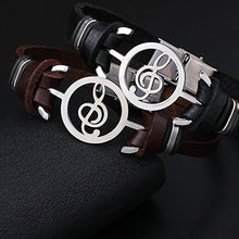 Load image into Gallery viewer, Vintage Hollow Musical Note Bracelet Men Faux Leather Wristband Hand Jewelry - provenclothes